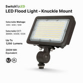 LED Flood Light, Knuckle Mount, Selectable Wattage 30W/40W/50W & CCT 3000K/4000K/5000K, 7,250 Lumens, 200W MH Equivalent, IP65 Waterproof, 0–10V Dimmable, Integrated Photocell, UL & DLC Listed – 5 Year Warranty